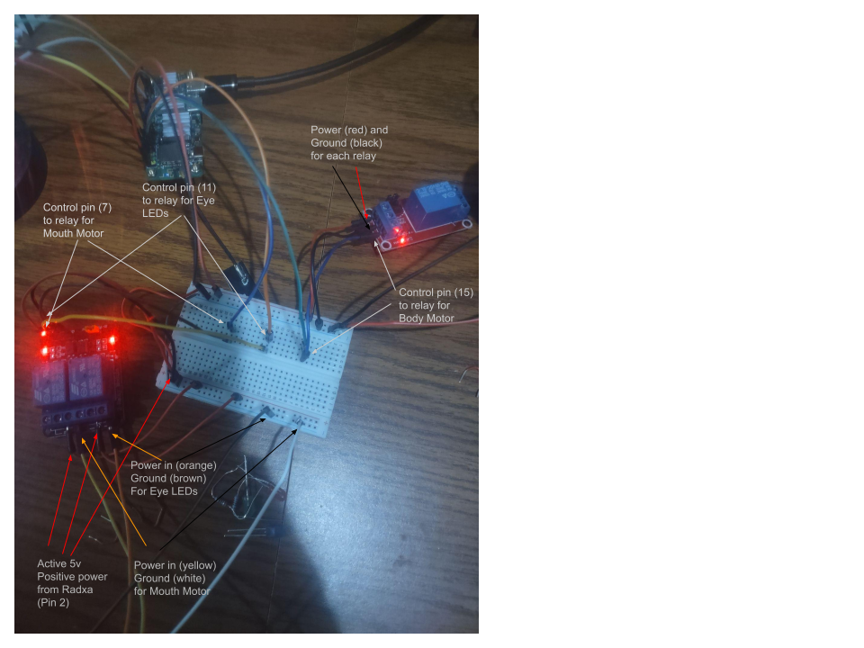 showing how the Radxa Zero 3W controls the skeleton's components via relays
